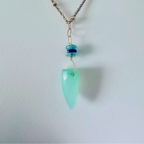 Aqua Blue Chrysoprase Faceted Dagger Pendant Necklace - Picture 1 of 6